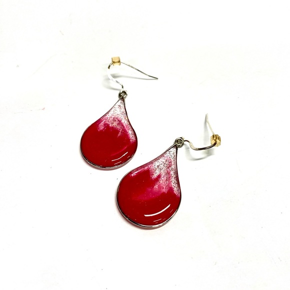 HANDMADE Glitter Pink Teardrop Dangle Sterling Silver French Hook Earrings - Picture 3 of 9